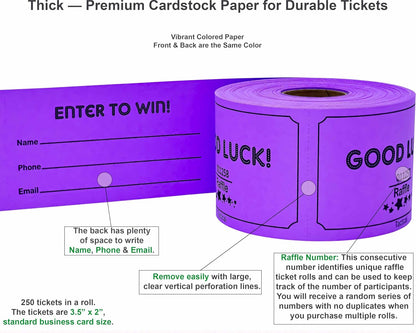 Tacticai 250 Raffle Tickets, Purple (1 of 8 Colors), Raffle Cards, Entry Form with Name, Phone & Email for Events, Fundraiser & Prizes