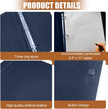 Leather 3 Ring Binder Holds 8.5 x 11 Inch Paper Binder Organizer Vintage Faux Leather Portfolio Folder Planner for Office Home Document Photo Diary Supplies(Navy Blue)