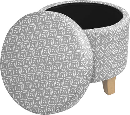 HomePop Upholstered Round Storage Ottoman|Homepop Home Décor|Upholstered Round Foot Rest Ottoman - Light Grey Print