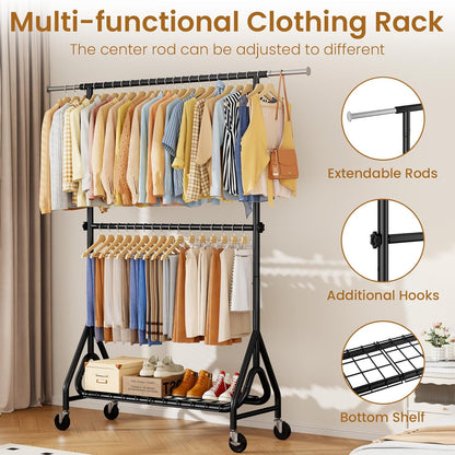 Heavy Duty Clothes Rack for Hanging Clothes, Double Rods Clothing Rack with Lockable Wheels, Rolling Garment Racks with Shelf, Easy to Assemble, Black