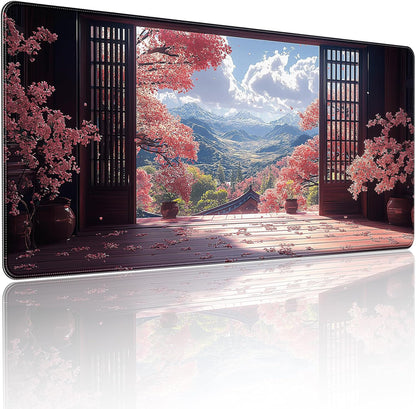35.4 x 15.7 inches, Large Desktop Mouse pad, Keyboard and Mouse Pads for Work and Home Computers, and Large Laptop Mouse mat，Japanese-Style Cherry Blossom Mountain View