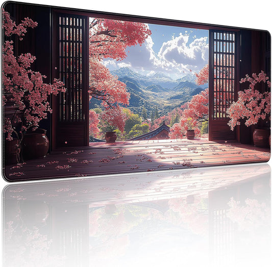 35.4 x 15.7 inches, Large Desktop Mouse pad, Keyboard and Mouse Pads for Work and Home Computers, and Large Laptop Mouse mat，Japanese-Style Cherry Blossom Mountain View