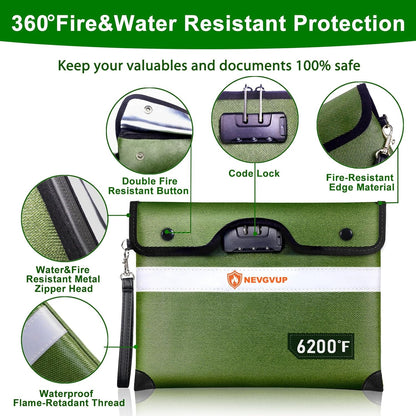 6200°F Fireproof Money Bag with Lock, Upgraded Fireproof Bags w. Zipper/Reflective Strip, 9 Layers of Heat Insulated Materials, Water Resistant Fire proof Money Bag for Cash, Fire Pouch for A5 Files