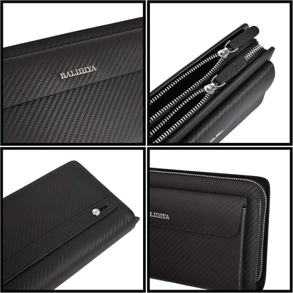 Leather Men Clutch Bag Long Wallet Purse Card Holder Case Business Large Clutch with Double Zip Handbag