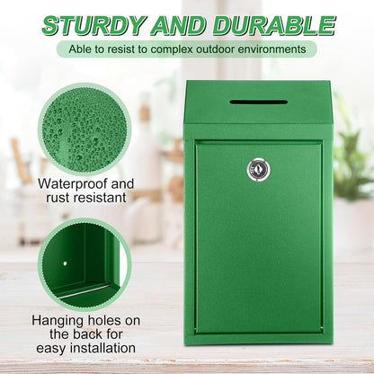 Metal Donation Cash Box Collection Safe Suggestion Box with Lock Wall Mounted Mailbox Delivery Ballot Container for Home Office Outdoor Door(Bright Green)