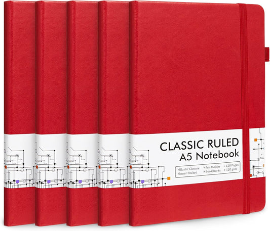 feela 5 Pack Journal Notebook Bulk for School, Hardcover Business Notebooks Classic Ruled Lined Journals with Pen Holder for Work Note Taking, with 5 Black Pens, 120 GSM, 5.1”x8.3”, A5, Red