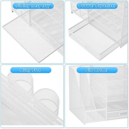 Lavatino Desk Organizer with File Holder, 5-Tier Paper Letter Tray Organizer with Sliding Drawer and 2 Pen Holder, Mesh Desktop File Organizer for Office Supplies, White