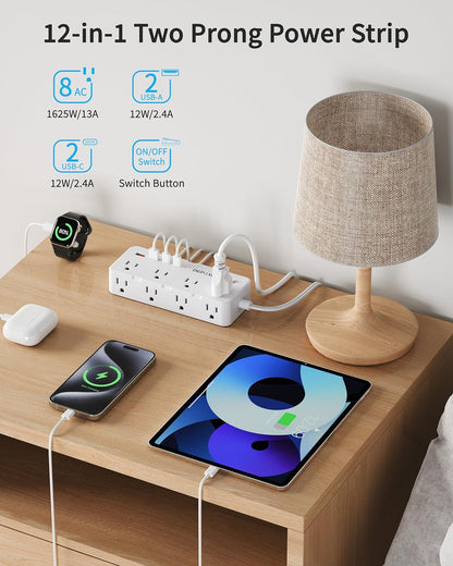 2 Prong Power Strip, 2 to 3 Prong Outlet Adapter with 8 AC & 4 USB Ports (2 USB C), 5FT Extension Cord, 1700J Two Prong Surge Protector, Wall Mountable, Ideal for Old House Non-Grounded Outlets