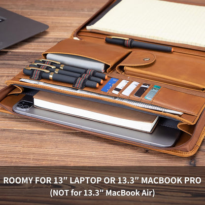 Genuine Leather Portfolio with Front Pocket for Men and Women, Zippered Padfolio Binder 8.5 x 11 Legal Pad Notebook Holder, Fits 13” Laptop, Professional Work File Case, Brown