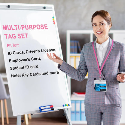 Marspark 100 Sets Clear Name Tags with Lanyard, Lanyards for ID Badges Reusable Strap with ID Holder Plastic Name Badges for Adults Business School Church Conference (Pink)