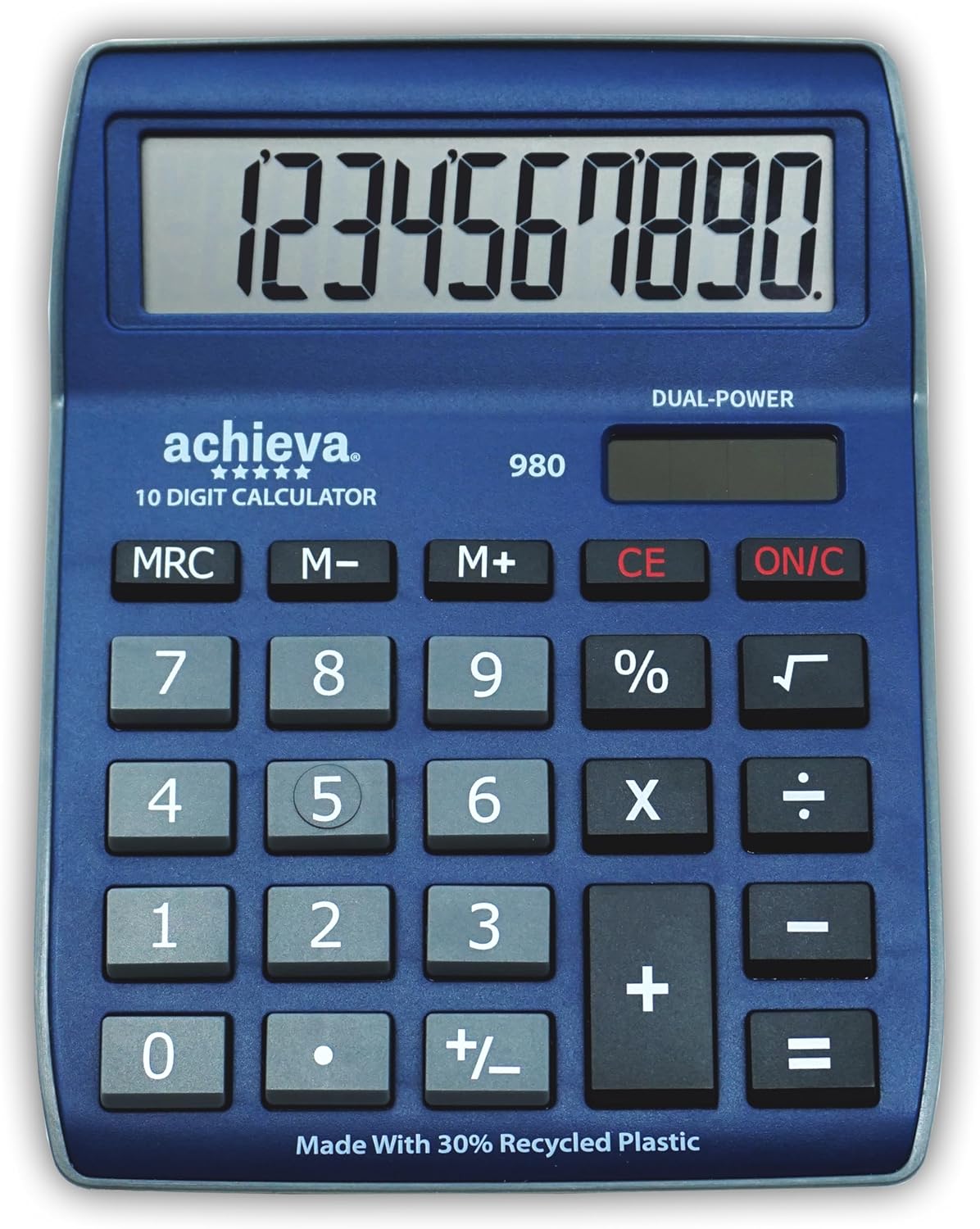 Achieva 10-Digit LCD Display Desktop Calculator | Blue, Gray | Dual Solar & Battery Power | Made with 30% Recycled Plastic | for Home, Office, School (980)