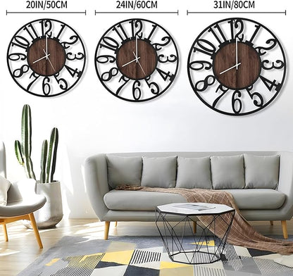 LEIKE Large LED Wall Clocks,Silent,Non Ticking,Battery Operated Rustic Round Modern Big Wood Wall Clock for Living Room, Bedroom,Kitchen,Farmhouse,Office,Home Decor -24" Black,LED,Arabic Number
