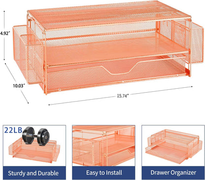 AUPSEN Computer Monitor Stands Riser，2-Tier Desk Organizers and Accessories, Office Desk Accessories Organizer with Drawers and 2 Pen Holder for Office Supplies (Rose Gold)