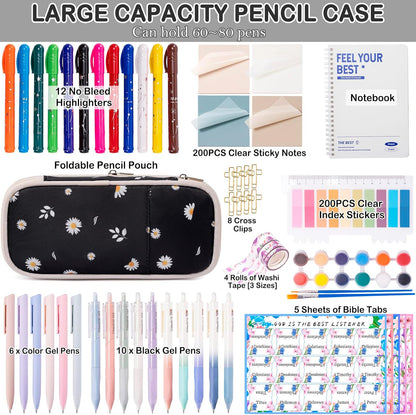 TuErCao Bible Study Supplies Kit - Black Daisies Aesthetic Pencil Pouch Bag, 75 Durable Tabs, 12 Smooth Crayon Highlighters, 16 Gel Pens, Notebook, Notes -Bible Journaling Study Tools