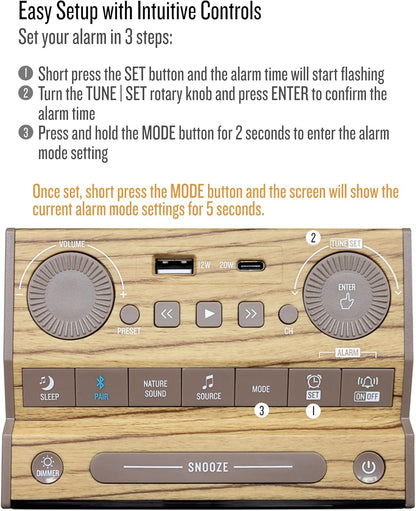 Sound Rise II, SFQ-16: Bedside Alarm Clock Radio & Bluetooth Speaker, with Large Display Screen, FM Radio, Fast USB Charging, and Nature Sound