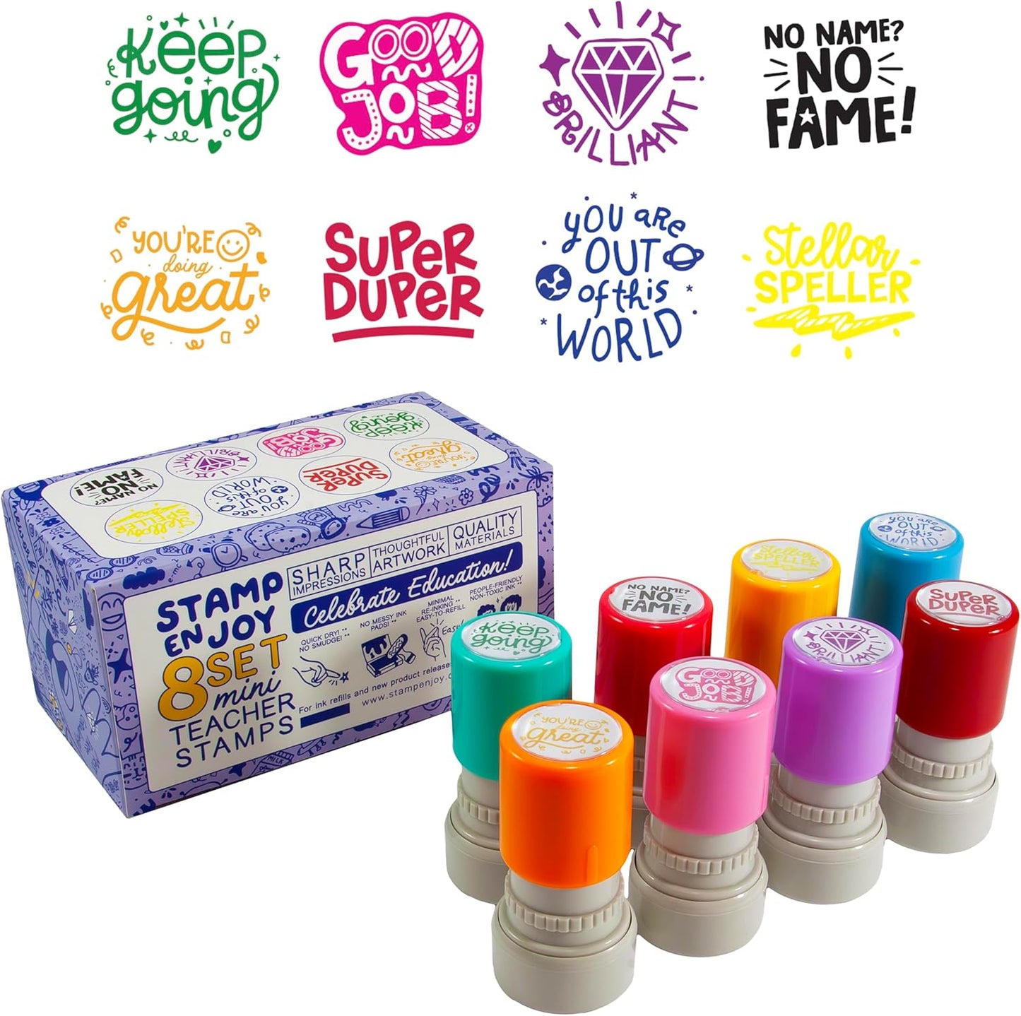 8 Self-Ink Flash Stamp Set, Multicolor Teacher Stamps for Classroom, Stamps for Teachers, Pre-Inked, Refillable Stamps (Inspiration Set v2)