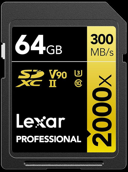 Lexar 64GB Professional 2000x SD Card, UHS-II, C10, U3, V90, Full HD, 8K, Up To 300MB/s Read SDXC Memory Card, for DSLR, Cinema-Quality Video Cameras (LSD2000064G-BNNNU)