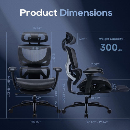 COLAMY Ergonomic Mesh Office Chair with Footrest, Executive High Back Computer Desk Chair with Wide Headrest and Adjustable 3D Arms, Backrest, Tilt Lock and Lumbar Support(Black)