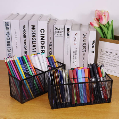 2PCS Black Mesh Pen Pencil Holder, Metal Desk Organizer Desktop Stationery Office Supplies Acessories Storage Stand, 4 Compartments Brushes Holder for Home School Classroom Teachers