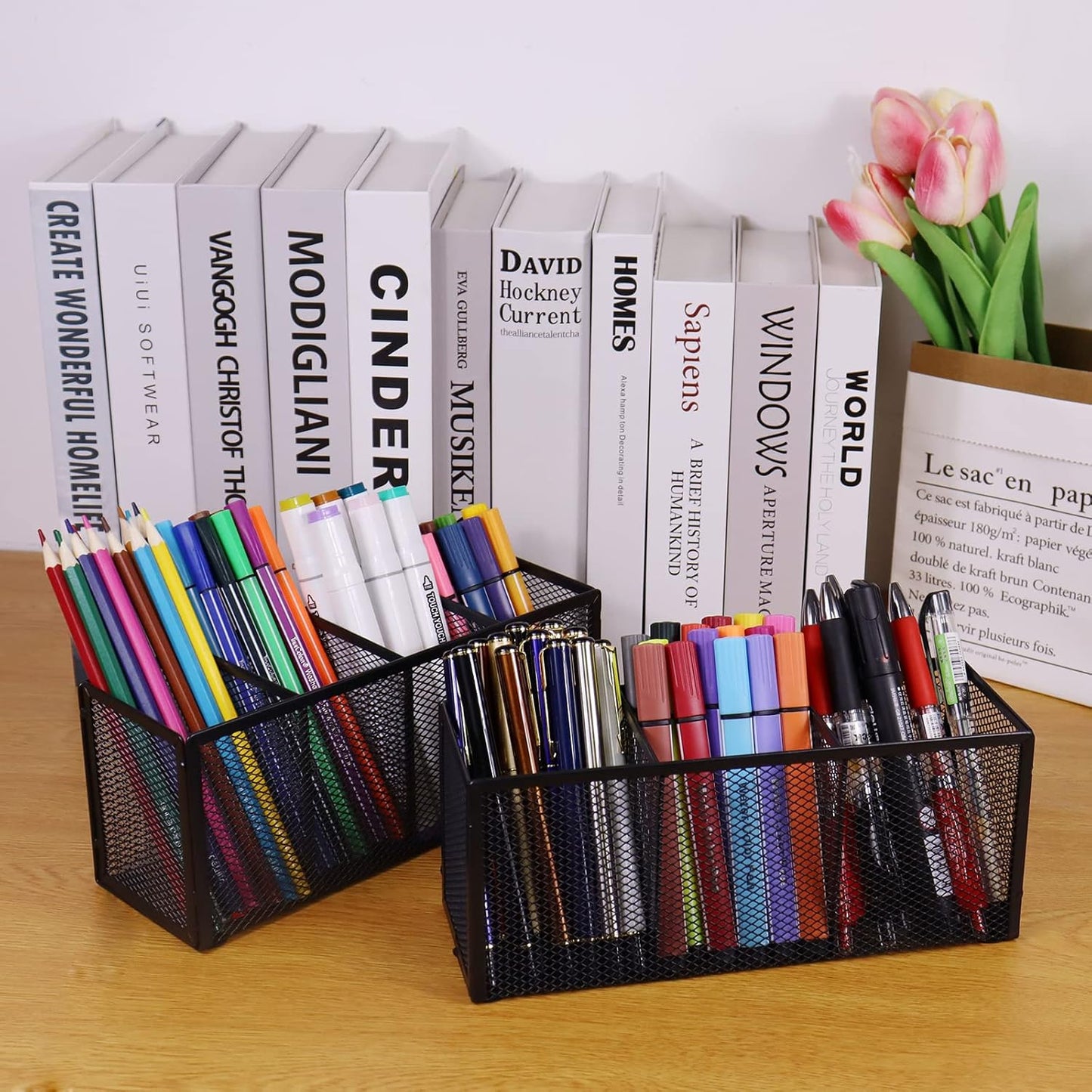 Black Mesh Pen Pencil Holder, Small Metal Desk Organizer Desktop Stationery Office Supplies Acessories Storage Stand, 3 Compartments Brushes Holder for Home School Classroom Teachers