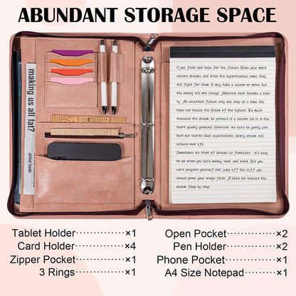 Calfinder Personalized Padfolios Portfolio Binder,3 Ring Leather Binder with Zipper,Professional Padfolios for Women&Men, Business Portfolio Organizer for Resume, Leather Folder for Ipad