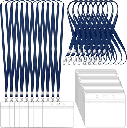 100 Pack Lanyards for ID Badges with Clear Name Tags, Reusable Lanyards Horizontal ID Card Badge Holders Plastic Name Badges for Men Women Kids Business School and Office Supplies (Dark Blue)