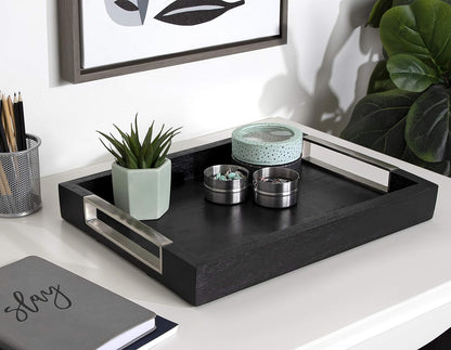 Kate and Laurel Heller Modern Rectangular Tray, 12 x 16, Black, Wood Tray for Storage and Display