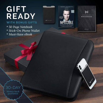 NERO MANETTI- Zippered Vegan Leather Padfolio/Portfolio Pad Holder-Business PU Leather Notepad Folder for Resumes, Interviews, iPad/Tablet, Phone, Legal Pad Notebook Executive Binder for Women, Men