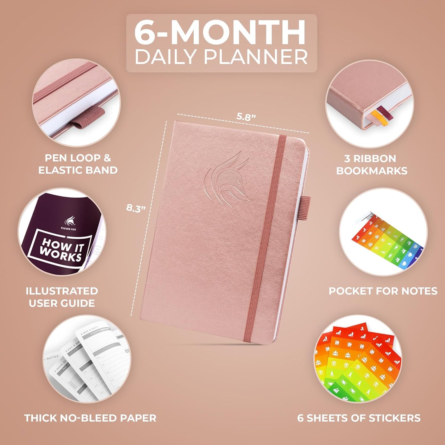 Clever Fox Daily Planner – Undated Planning Notebook with Hourly Schedule & To-Do List – Personal Day Task & Work Organizer, 6 Months (Rose Gold)