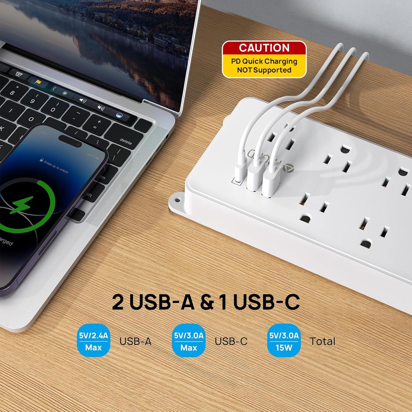 TROND Power Strip Surge Protector, 7 Widely Spaced Outlets with 2 USB A and 1 USB C, ETL Listed 1700J, Wall Mount, Flat Plug 5ft Extension Cord 14AWG Heavy Duty, for Home, Office Garage, White