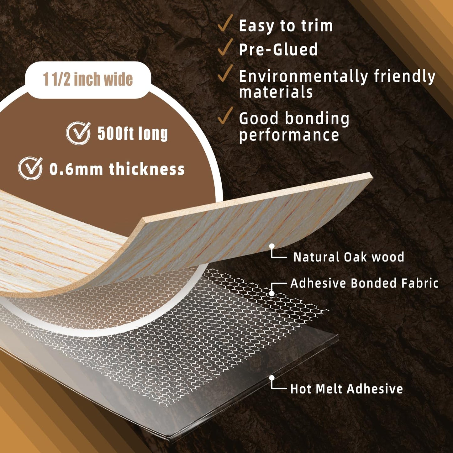 GSCIT Club Oak Edge Banding, 1 1/2 inch x 500ft roll of Veneer Edge Banding Preglued Flexible, Wood Tape Banding for Repair Furniture