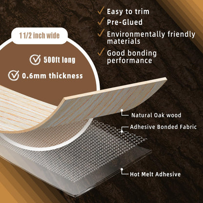 GSCIT Club Oak Edge Banding, 1 1/2 inch x 500ft roll of Veneer Edge Banding Preglued Flexible, Wood Tape Banding for Repair Furniture