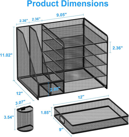 Lavatino Desk Organizer with File Holder, 5-Tier Paper Letter Tray Organizer with Sliding Drawer and 2 Pen Holder, Mesh Desktop File Organizer for Office Supplies (Black)