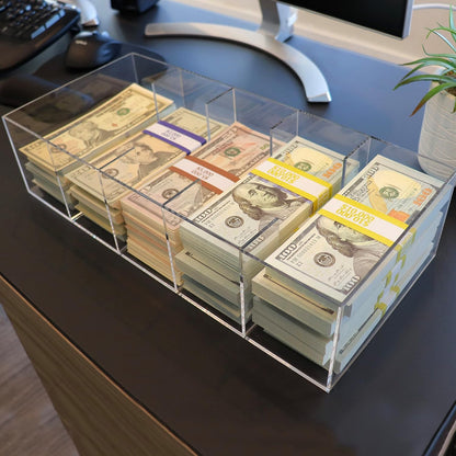 Clear Currency Tray, 5 Compartment Cash Organizer Money Storage Box, 300 Currency Wrappers Included