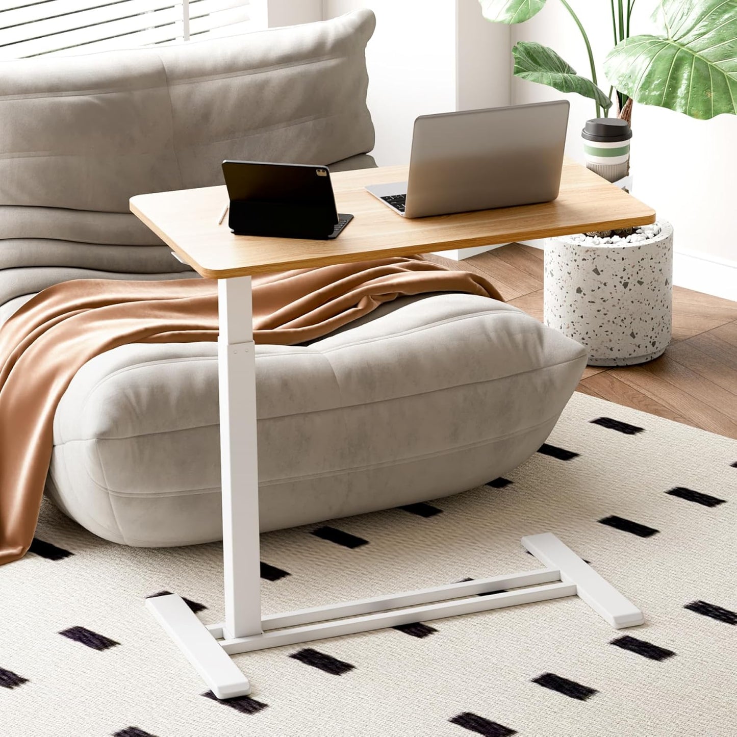 SANODESK Mobile Standing Desk with Hidden Wheels,Pneumatic Laptop Desk Rolling Computer Cart Movable Height Adjustable Small Sit Stand Desk for Home Office(31.5" W x 17.7" D,Maple)