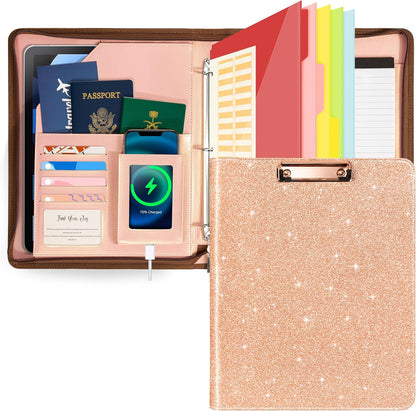 Leather Clipboard with Storage, Zippered Padfolio Portfolio Organizer, 3 Ring Binder 1 Inch, Notepad, Tablet Sleeve, 5 Dividers with Pocket, Stickets for Office, Nurses, Students, Teachers Rose Gold