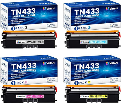 TN-433 TN433 Toner Cartridges Set 4 Pack Replacement for Brother TN433 TN 433 TN431 High Yield for MFC-L8900CDW HL-L8360CDW HL-L8260CDW MFC-L8610CDW Printer Ink (TN433BK/C/M/Y)