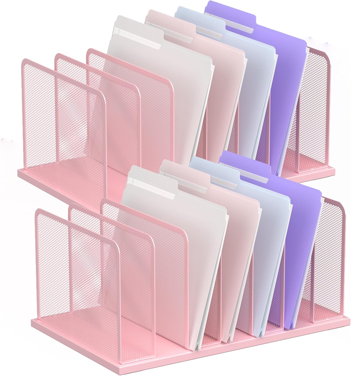 Kuntine.B Desk File Organizer Upright Mesh Desktop Organizer File Sorter Office Organization File Holder for Home, Office & Classroom (Pink, 2 Pack 7-Section)