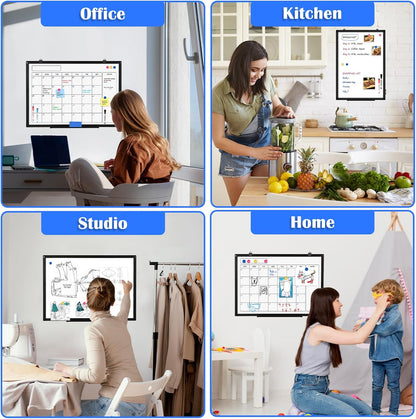 Monthly Calendar Dry Erase Whiteboard, 36" x 24" Magnetic Calendar White Board, Double-Sided Portable Board with Black Aluminium Frame for Office, Kitchen, School, Home