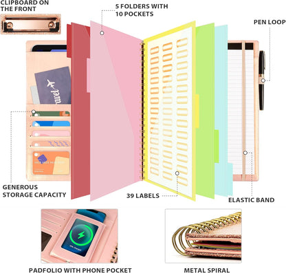 Clipboard with Storage for Men Women, Leather Padfolio Portfolio Organizer 5 Folders with 10 Pockets, Spiral Clipboard Folio with Notepad for Letter Size, Elastic Closure and Pen Loop Rose Gold