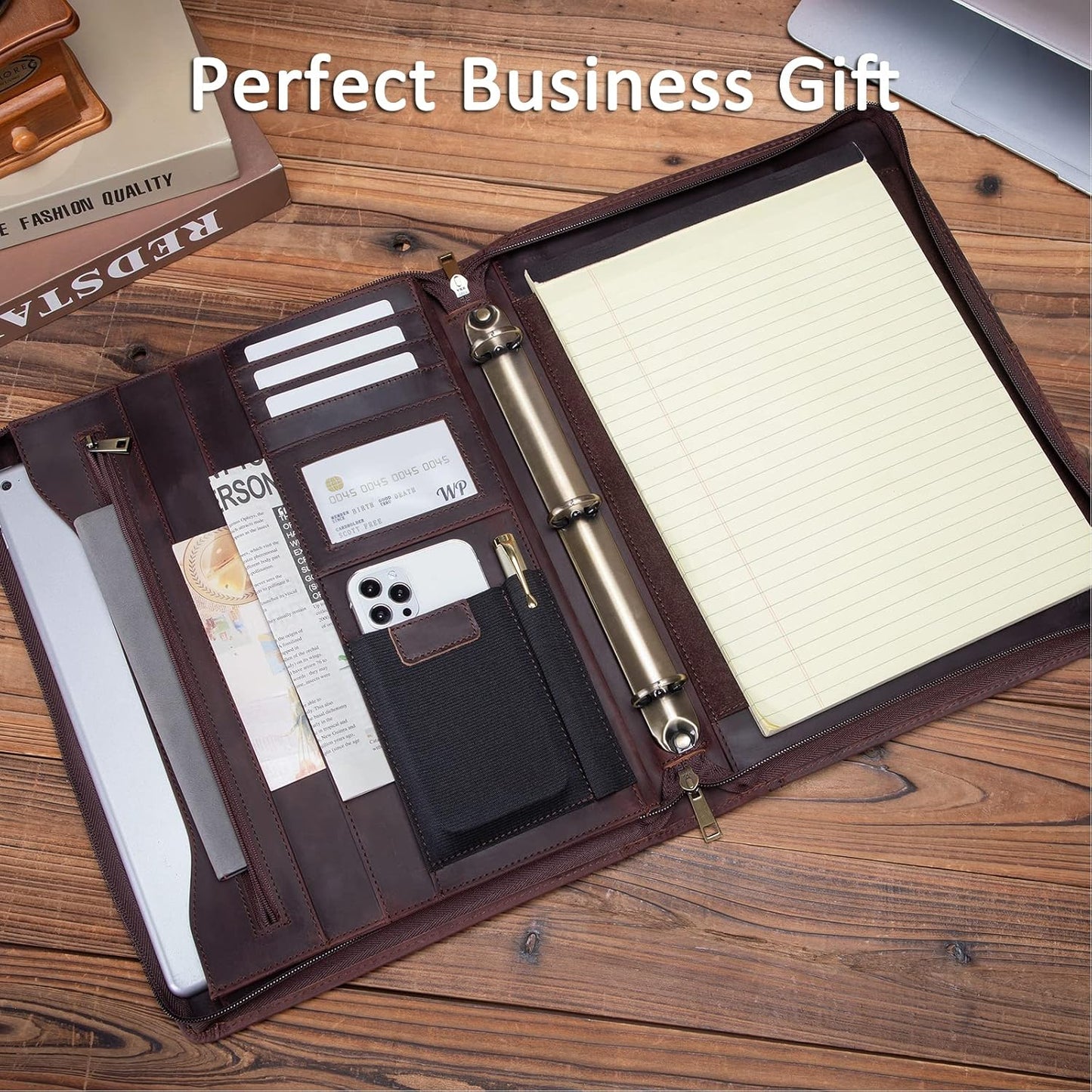 Personalized Genuine Leather Portfolio with 3 Ring Binder, Full Grain Leather Padfolio Zippered, A4 Notebook Holder Customized Professional Folder Organizer Gift for Men and Women, Dark Brown