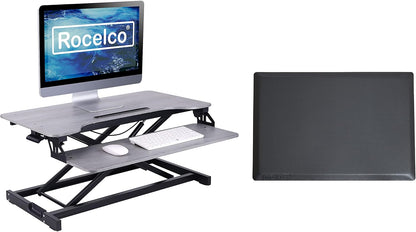Rocelco Standing Desk Converter and Floor Mat - 31.5 Inch Sit Stand Up Dual Monitor Tabletop Riser with Tablet Mount, Height Adjustable Workstation - Deep Keyboard Tray - Gray (R VADRG-MAFM)