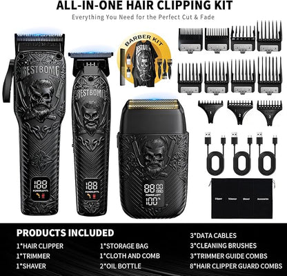 BESTBOMG Professional Cordless Mens Hair Clippers & Beard Trimmer and Electric Shavers Kits & Sets,Metal Hair Clippers Cutting Grooming Kit with Long Battery Life for Family Barber Use (Black)