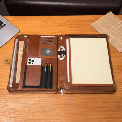 Genuine Leather Portfolio, Legal Size 8.5 x 14 Pad Holder, Business Padfolio for Men and Women, Zippered Laptop Organizer, Executive Professional Work Travel Notepad Folio, Brown, Oil Tanned