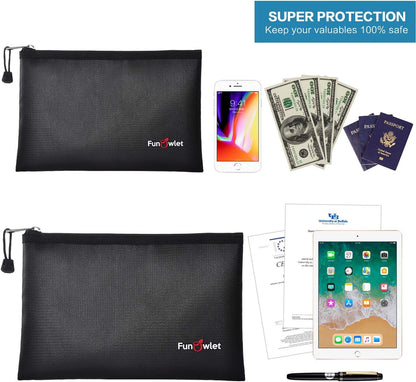 Fireproof Safe Money Document Bags - 2 Pack 13.4" x 9.8" and 10.6" x 6.7" Waterproof Zipper Bag, Fire & Water Resistant Storage Organizer Pouch for A4 A5 Documents Holder,File,Cash,Passport,Tablet