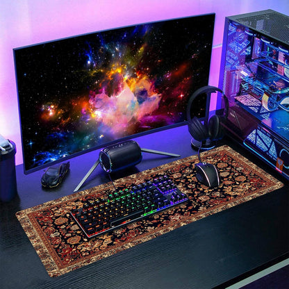 Vintage Rug Gaming Mouse Pad XL Dark Brown Retro Carpet Aesthetic Extended Large Mat Mousepad Desk Pad Non-Slip Rubber Base Stitched Edge Flower Keyboard Pad Playmat for Computer,31.5×11.8 Inch