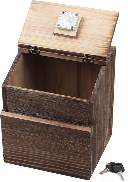 Wood Charity Donation collection Box Office suggestion Ballot Box With wide slot for envelopes and suggestion comment forms, Pocket and Locking Hinged Lid & Pen for Table Or Countertop(Rustic-Brown)