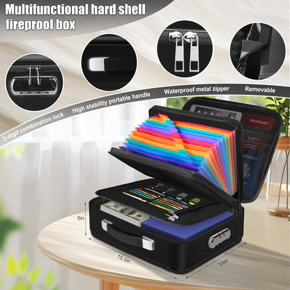 Fireproof Document Box, Hard Shell Fireproof Box, Document Organizer with Lock, Fireproof Water Resistant box, Portable Documents Safe Box for Important Document Certificates, Laptop, Passports, Black