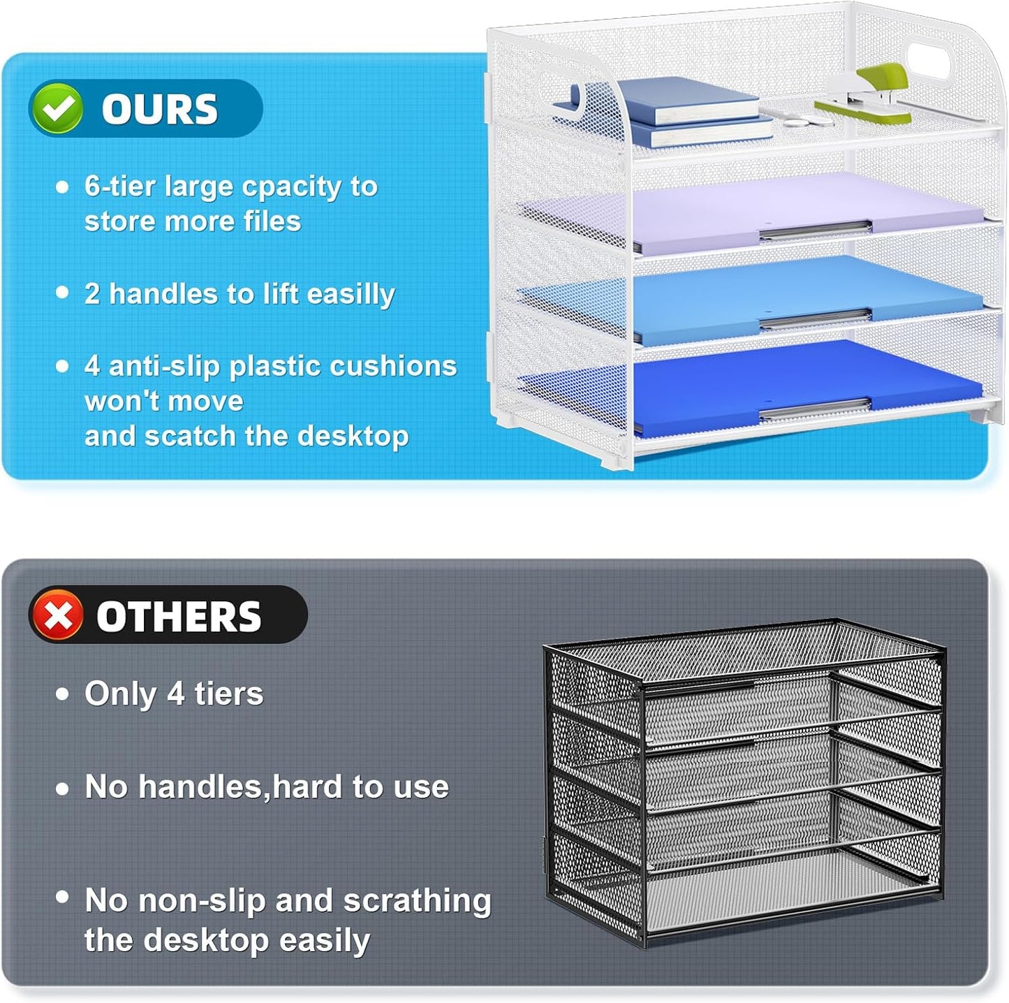 Marbrasse 4 Tier Paper Organizer Letter Tray, Mesh Desk File Organizer with Handle, Paper Sorter Organizer for Letter /A4 Office File Folder Holder（White, 12.6" x 9.1" x 10.7"）