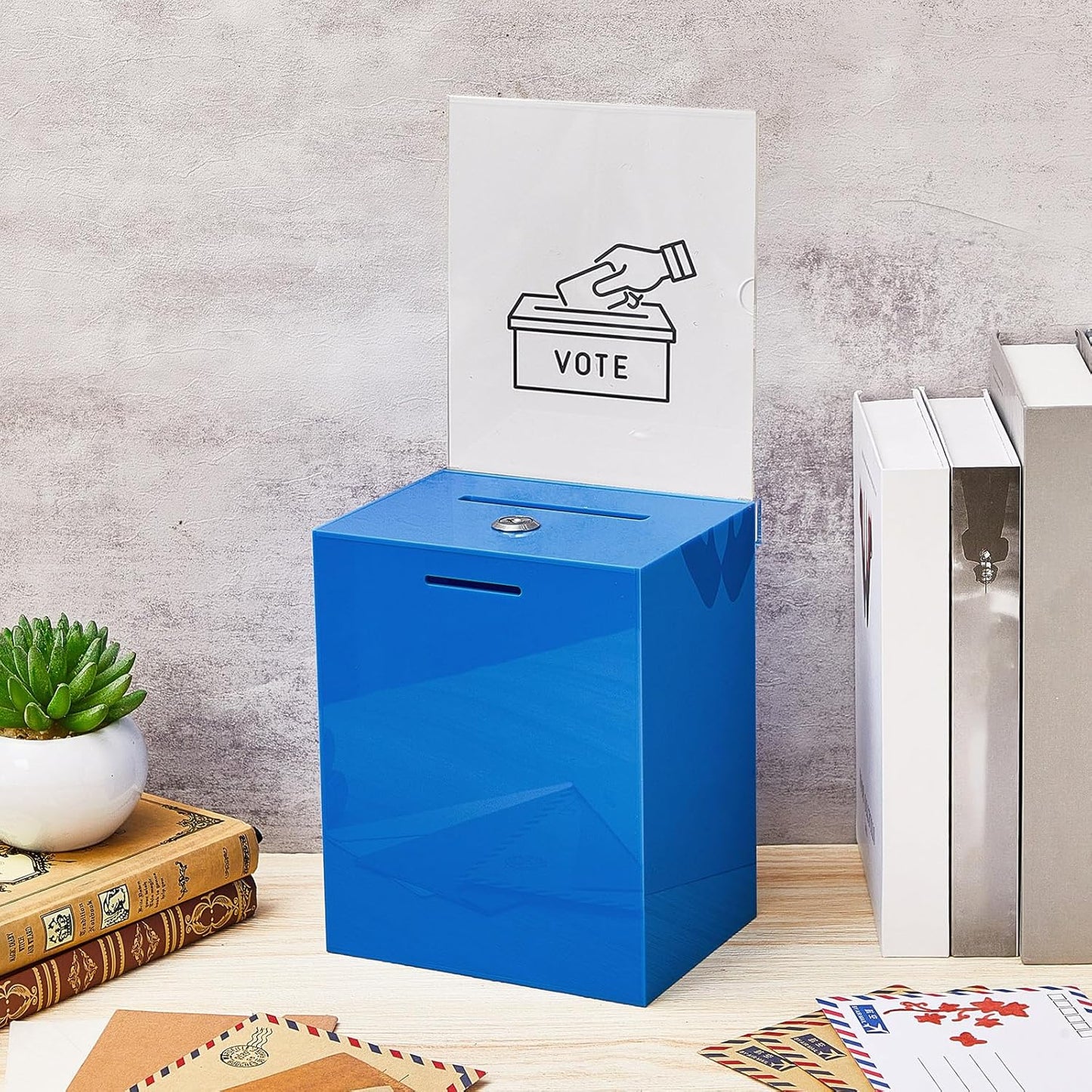 Marsui Acrylic Suggestion Box Large Donation Box 16 x 6.7 x 5 Inch Safe Ballot with Lock and Sign Holder for Voting Charity Business Cards Collection Display Ticket Comment(Blue)